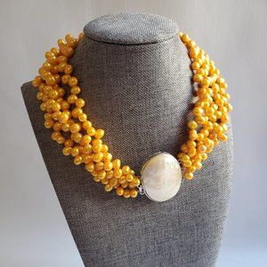 Mustard Multi Strand Choker Necklace with Cabochon